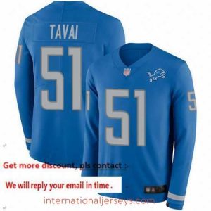 Finest Lions 51 Jahlani Tavai Blue Team Color Stitched Football Limited Therma Long Sleeve Jersey