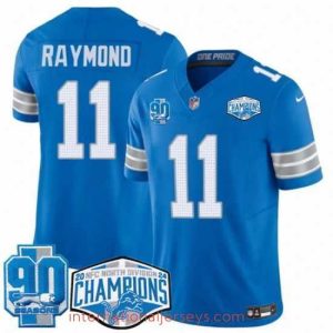 Deluxe Detroit Lions 11 Kalif Raymond Blue 2024 NFC North Champions 90th Anniversary Patch F.U.S.E  Vapor Limited Stitched Jersey