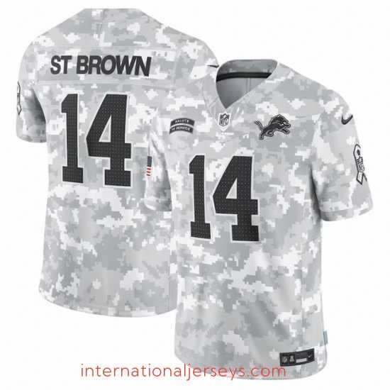 Finest Detroit Lions 14 Amon Ra St Brown 2024 Arctic Camo Salute To Service Limited Stitched Football Jersey