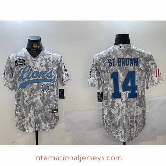 Deluxe Detroit Lions 14 Amon Ra St Brown 2024 Arctic Camo Salute To Service Stitched Baseball Jersey 1
