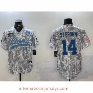 Top notch Detroit Lions 14 Amon Ra St Brown 2024 Arctic Camo Salute To Service Stitched Baseball Jersey 5
