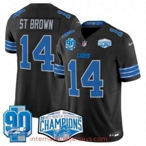 Deluxe Detroit Lions 14 Amon Ra St  Brown Black 2024 NFC North Champions 90th Anniversary Patch F.U.S.E  Vapor Limited Stitched Jersey