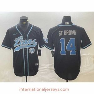 Deluxe Detroit Lions 14 Amon Ra St  Brown Black Cool Base Stitched Baseball Jersey 1