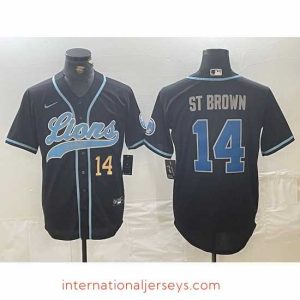 Top notch Detroit Lions 14 Amon Ra St  Brown Black Cool Base Stitched Baseball Jersey 2