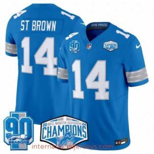 Exceptional Detroit Lions 14 Amon Ra St  Brown Blue 2024 NFC North Champions 90th Anniversary Patch F.U.S.E  Vapor Limited Stitched Jersey