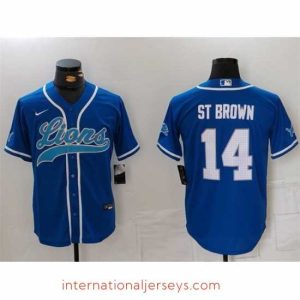 Exquisite Detroit Lions 14 Amon Ra St  Brown Blue Cool Base Stitched Baseball Jersey