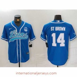 Deluxe Detroit Lions 14 Amon Ra St  Brown Blue With 90th Anniversary Patch Cool Base Stitched Baseball Jersey
