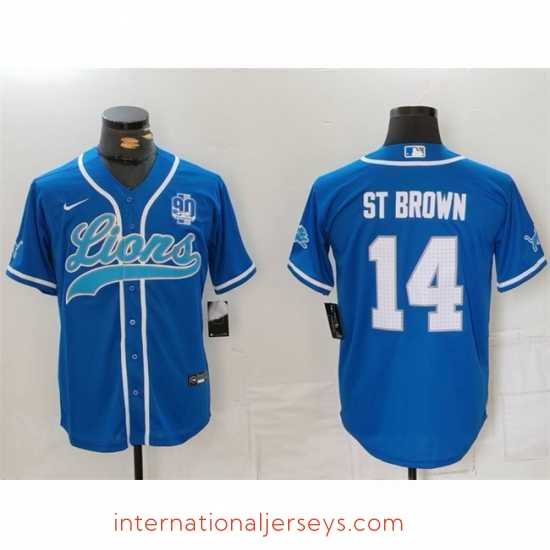 Deluxe Detroit Lions 14 Amon Ra St Brown Blue With 90th Anniversary Patch Cool Base Stitched Baseball Jersey