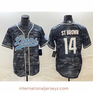 Deluxe Detroit Lions 14 Amon Ra St  Brown Grey Camo Cool Base Stitched Baseball Jersey