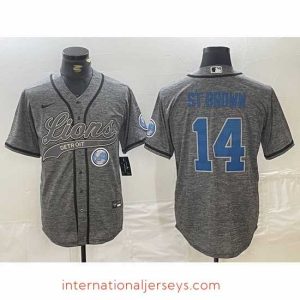 Superior Detroit Lions 14 Amon Ra St  Brown Grey Cool Base Stitched Baseball Jersey 1