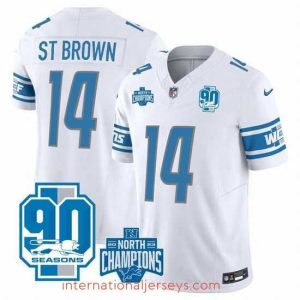 Finest Detroit Lions 14 Amon Ra St  Brown White 2023 F.U.S.E  90th Anniversary NFC North Division Champions Vapor Untouchable Limited Stitched Jersey