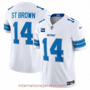 Deluxe Detroit Lions 14 Amon Ra St  Brown White 2024 F.U.S.E  With 2 Star C Patch Vapor Limited Stitched Jersey
