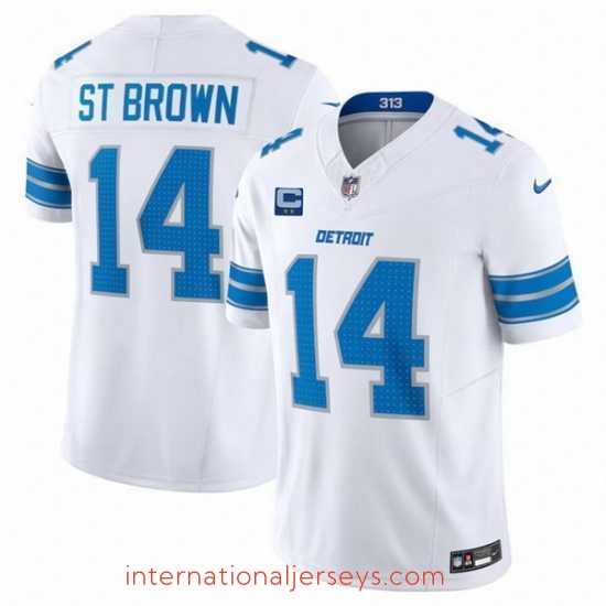 Deluxe Detroit Lions 14 Amon Ra St Brown White 2024 F.U.S.E With 2 Star C Patch Vapor Limited Stitched Jersey