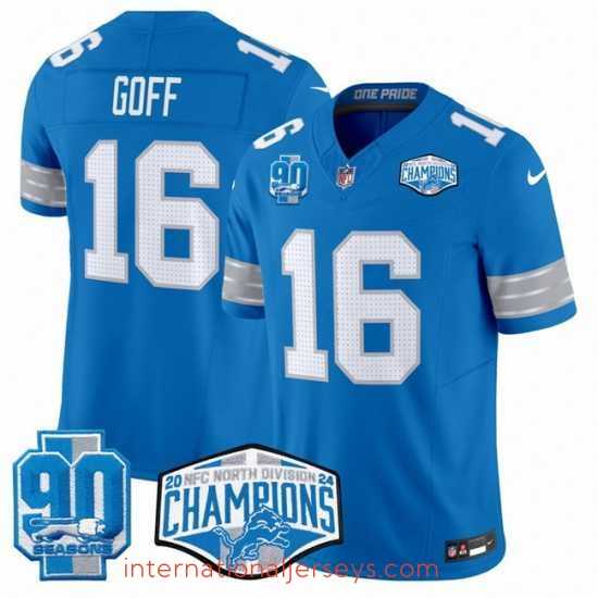 High quality Detroit Lions 16 Jared Goff Blue 2024 NFC North Champions 90th Anniversary Patch F.U.S.E Vapor Limited Stitched Jersey