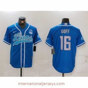 Premium Detroit Lions 16 Jared Goff Blue With 90th Anniversary Patch Cool Base Stitched Baseball Jersey