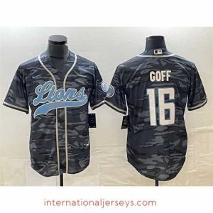 Superb Detroit Lions 16 Jared Goff Grey Camo Cool Base Stitched Baseball Jersey
