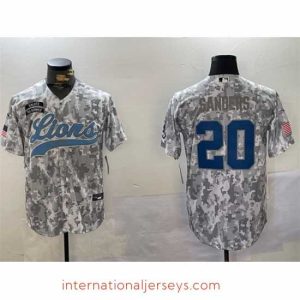 Deluxe Detroit Lions 20 Barry Sanders 2024 Arctic Camo Salute To Service Stitched Baseball Jersey