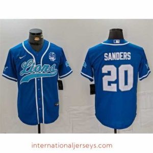 Deluxe Detroit Lions 20 Barry Sanders Blue With 90th Anniversary Patch Cool Base Stitched Baseball Jersey