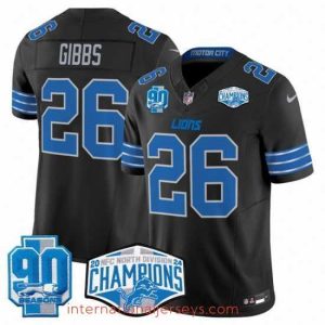 Superior Detroit Lions 26 Jahmyr Gibbs Black 2024 NFC North Champions 90th Anniversary Patch F.U.S.E  Vapor Limited Stitched Jersey