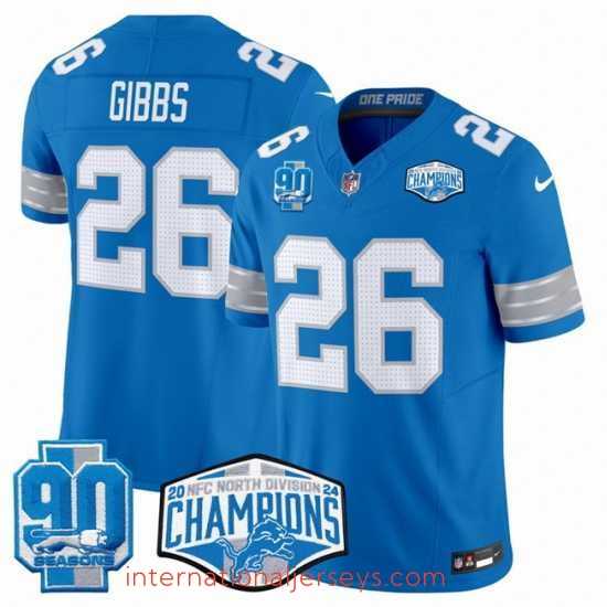 Premium Detroit Lions 26 Jahmyr Gibbs Blue 2024 NFC North Champions 90th Anniversary Patch F.U.S.E Vapor Limited Stitched Jersey