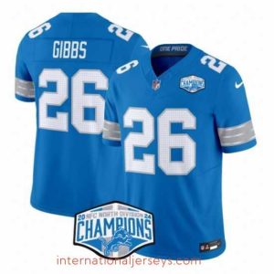 Top notch Detroit Lions 26 Jahmyr Gibbs Blue 2024 NFC North Champions F.U.S.E  Vapor Limited Stitched Jersey