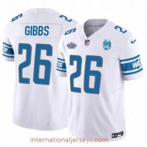 Premium Detroit Lions 26 Jahmyr Gibbs White 2023 F.U.S.E  With Prem1ere Patch 90th Anniversary Vapor Untouchable Limited Stitched Football Jersey