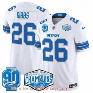 Deluxe Detroit Lions 26 Jahmyr Gibbs White 2024 NFC North Champions 90th Anniversary Patch F.U.S.E  Vapor Limited Stitched Jersey