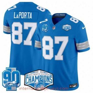 Exceptional Detroit Lions 87 Sam LaPorta Blue 2024 NFC North Champions 90th Anniversary Patch F.U.S.E  Vapor Limited Stitched Jersey
