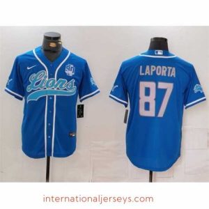 Deluxe Detroit Lions 87 Sam LaPorta Blue With 90th Anniversary Patch Cool Base Stitched Baseball Jersey