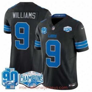 Finest Detroit Lions 9 Jameson Williams Black 2024 NFC North Champions 90th Anniversary Patch F.U.S.E  Vapor Limited Stitched Jersey