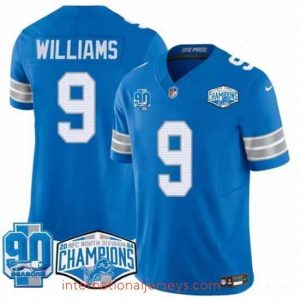 Premium Detroit Lions 9 Jameson Williams Blue 2024 NFC North Champions 90th Anniversary Patch F.U.S.E  Vapor Limited Stitched Jersey