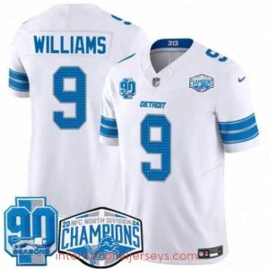 Finest Detroit Lions 9 Jameson Williams White 2024 NFC North Champions 90th Anniversary Patch F.U.S.E  Vapor Limited Stitched Jersey