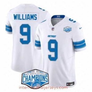 Premium Detroit Lions 9 Jameson Williams White 2024 NFC North Champions F.U.S.E  Vapor Limited Stitched Jersey