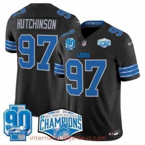 Superb Detroit Lions 97 Aidan Hutchinson Black 2024 NFC North Champions 90th Anniversary Patch F.U.S.E  Vapor Limited Stitched Jersey