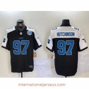 Finest Detroit Lions 97 Aidan Hutchinson Black White F.U.S.E  2024 Michigan Patch Vapor Limited Stitched Jersey 1