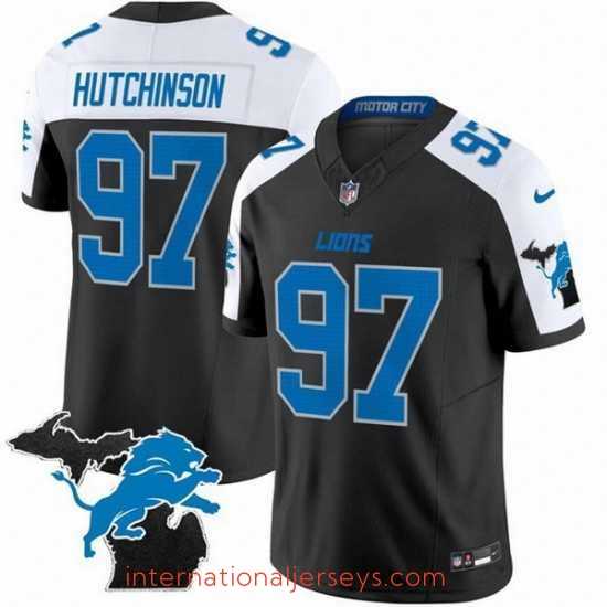 High quality Detroit Lions 97 Aidan Hutchinson Black White F.U.S.E 2024 Michigan Patch Vapor Limited Stitched Jersey