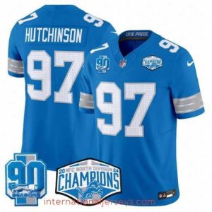 Top notch Detroit Lions 97 Aidan Hutchinson Blue 2024 NFC North Champions 90th Anniversary Patch F.U.S.E  Vapor Limited Stitched Jersey