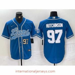 Superb Detroit Lions 97 Aidan Hutchinson Blue Cool Base Stitched Baseball Jersey 1
