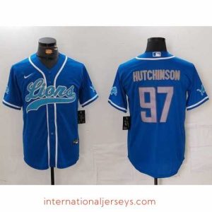 Finest Detroit Lions 97 Aidan Hutchinson Blue Cool Base Stitched Baseball Jersey