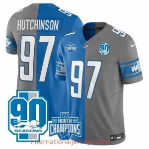 Premium Detroit Lions 97 Aidan Hutchinson Blue Grey Split 2023 F.U.S.E  90th Anniversary NFC North Division Champions Vapor Untouchable Limited Stitched Jersey