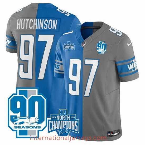 Premium Detroit Lions 97 Aidan Hutchinson Blue Grey Split 2023 F.U.S.E 90th Anniversary NFC North Division Champions Vapor Untouchable Limited Stitched Jersey