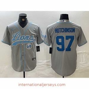 Top notch Detroit Lions 97 Aidan Hutchinson Grey Cool Base Stitched Baseball Jersey 2