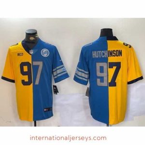 Outstanding Detroit Lions 97 Aidan Hutchinson Yellow Blue Split Vapor Limited Stitched Jersey 1
