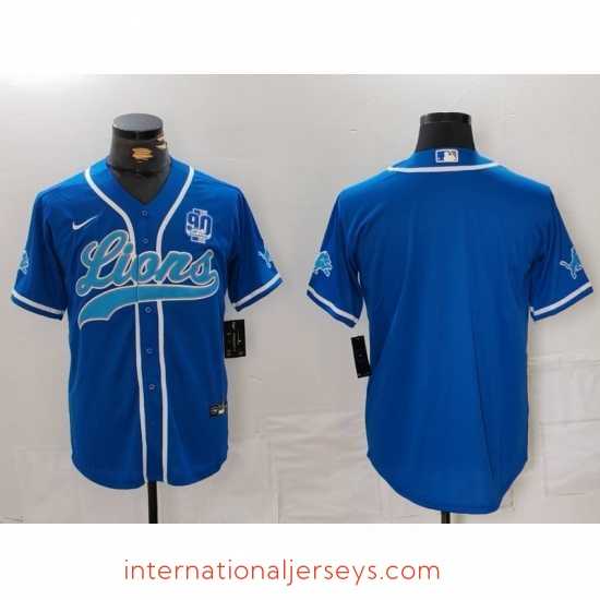 Superior Detroit Lions Blank Blue With 90th Anniversary Patch Cool Base Stitched Baseball Jersey