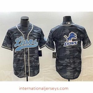 Premium Detroit Lions Grey Camo Team Big Logo Cool Base Stitched Baseball Jersey