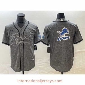 Premium Detroit Lions Grey Team Big Logo Cool Base Stitched Baseball Jersey