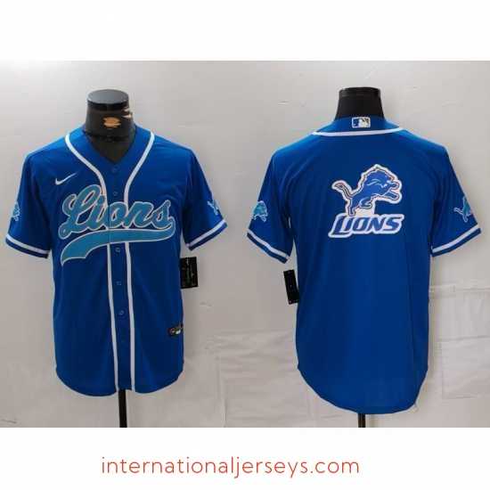Exceptional Detroit Lions Team Big Logo Blue Cool Base Stitched Baseball Jersey