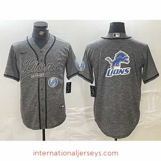 Finest Detroit Lions Team Big Logo Grey Cool Base Stitched Baseball Jersey 1