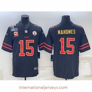 Exceptional Kansas City Chiefs 15 Patrick Mahomes Black Red Gold Super Bowl LVII Patch And 4 Star C Patch Vapor Untouchable Limited Stitched Jersey