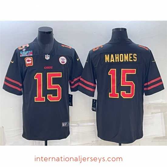 Exceptional Kansas City Chiefs 15 Patrick Mahomes Black Red Gold Super Bowl LVII Patch And 4 Star C Patch Vapor Untouchable Limited Stitched Jersey